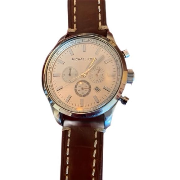 Michael Kors Silver Chronograph Watch MK-8035 with Brown Leather strap - Picture 1 of 6